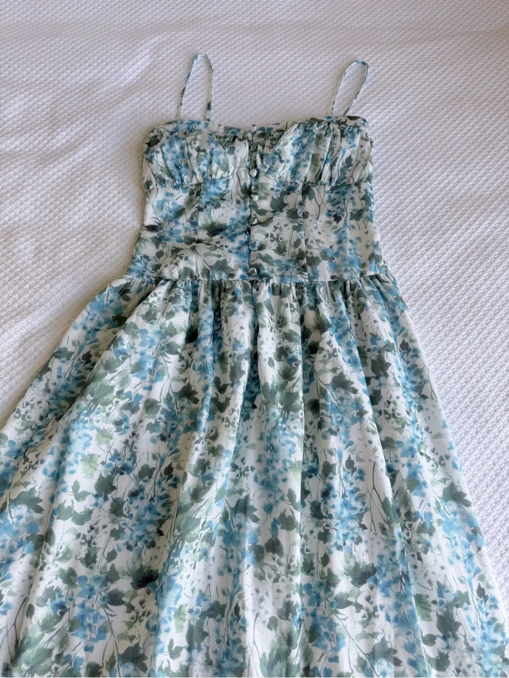 NWT ASTR the Label Capria Pleated Milkmaid Midi Dress, Blue Green floral | Small
